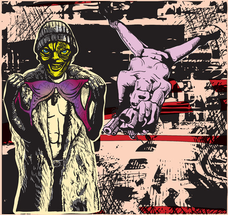 Girl with the Gun and her Ugly Lover (thief of bras). Freehand vector drawing. An hand drawn vector illustration in the comic style.のイラスト素材