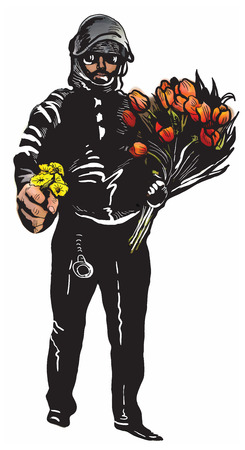Policeman, Cop with flowers in his hands. Gentle Hero. An hand drawn vector illustration, Freehand drawing, no tracing. Vector drawing in a classical comic style.のイラスト素材
