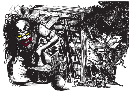 An hand drawn vector illustration, freehand, in comic style. An Ugly Potter, Creator or Clown works in the middle strange place, ruins or ghetto.のイラスト素材