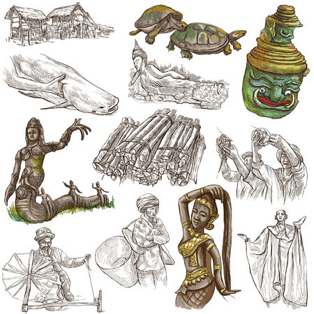 Travel LAOS- Pictures of Life.Collection of an hand drawn colored illustrations - Lao People's Democratic Republic.Pack of full sized hand drawn illustrations,set of freehand sketches.Drawing on whiteの写真素材