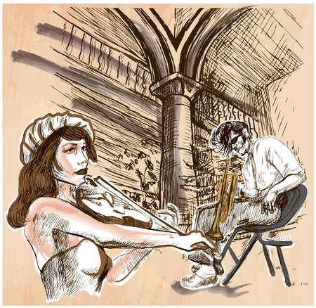 An hand drawn vector - MUSIC BAND, jazz music. An violinist and trumpeter, trumpet player play on the old stage - colored line art. Vector is editable in groups and layers - freehand sketching.のイラスト素材