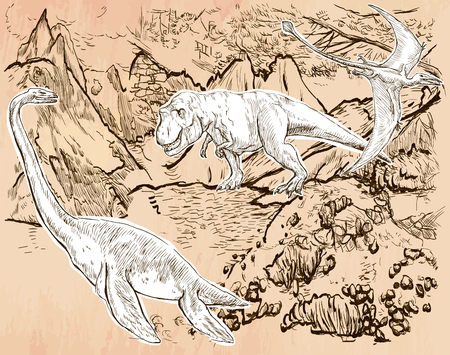 T Rex, Plesiosaur and Pterosaur. DINOSAURS. Life in the prehistoric time. Freehand sketching, line art. Hand drawn vector illustration. Colored background is isolated. Line art. Editable vector.のイラスト素材