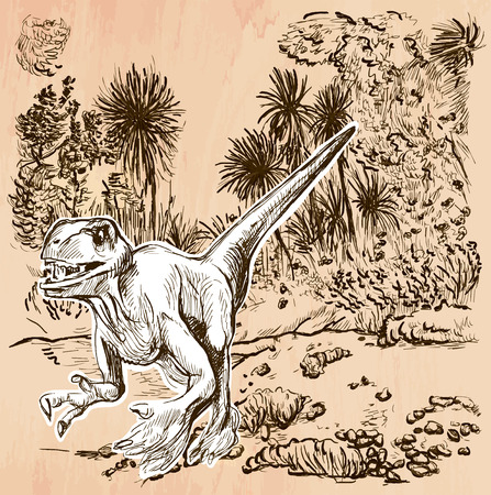 Velociraptor. DINOSAURS - Life in the prehistoric time. Freehand sketching, line drawing. An hand drawn vector illustration. Colored background is isolated. Line art technique. Vector is easy editableのイラスト素材