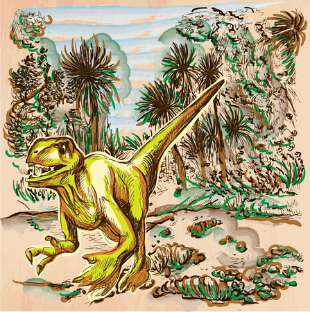 Velociraptor. DINOSAURS - Life in the prehistoric time. Freehand sketching, line drawing. An hand drawn vector illustration. Colored background is isolated. Colored line art. Vector is easy editable.のイラスト素材