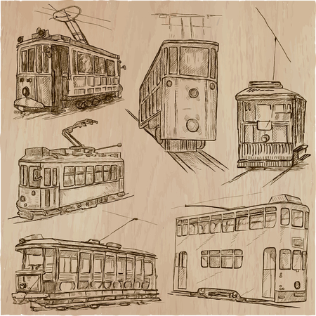 Transport set. Tramways. Transportation by Tram. Collection of an hand drawn vector illustrations. Each drawing comprise a few layers of editable outlines. Freehand sketching pack.のイラスト素材