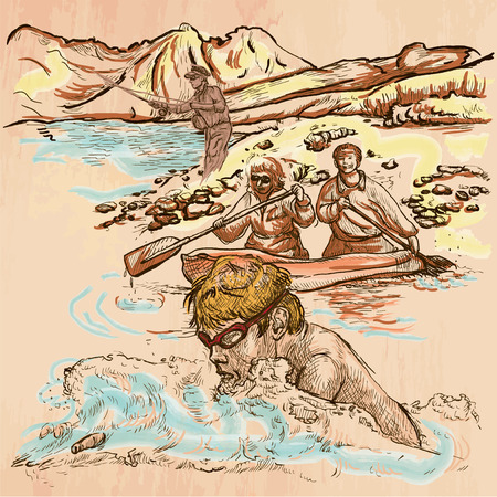 SWIMMER. Swimming in cold water. In the background canoe and fisherman - Slightly humorous image - Freehand sketching, line drawing. An hand drawn vector illustration. Colored line art technique.のイラスト素材