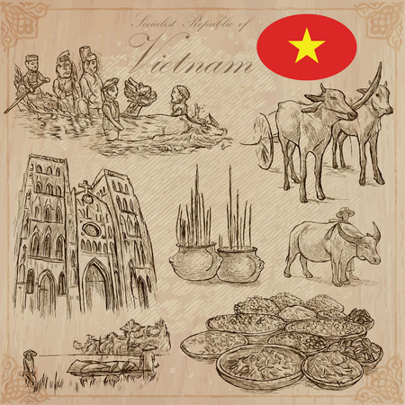 Travel series, VIETNAM. Socialist Republic of Vietnam. Pictures of Life. Vector collection of an hand drawn illustrations, set. Pack of hand drawn illustrations, sketches.のイラスト素材