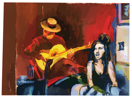 Tempera technique on paper. An hand painted picture, converted into vector illustration. Music theme.  Musician - spanish guitarist and an dark hair woman.のイラスト素材