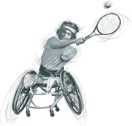 WHEELCHAIR TENNIS. From the series SILENT HEROES - Athletes with physical disabilities. An hand drawn vector. Note - Any accurate photo original for this picture, original is created by me.のイラスト素材