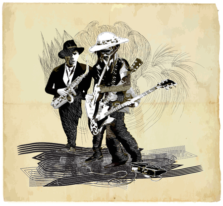 An hand drawn vector illustration. Poster of an musician. Guitar player, guitarist and Sax player, Guitarist in action - motion study of instrument. Jam Session on the Stage. Picture is editable.のイラスト素材