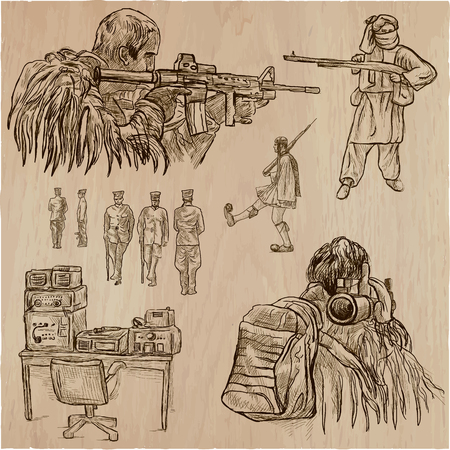 An hand drawn vector collection of soldiers in different situations. Private, Brothers in Arms, Army. Warriors around the World. Hand drawings, freehand sketching. Line art technique.のイラスト素材