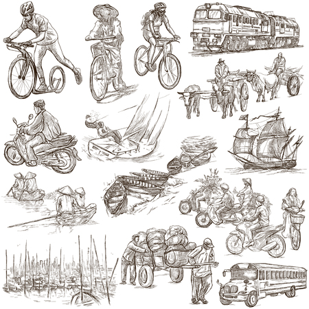 An hand drawn collection of TRANSPORTATION and Transport around the World. Hand drawings, freehand sketching. Line art on white. Isolated.の写真素材