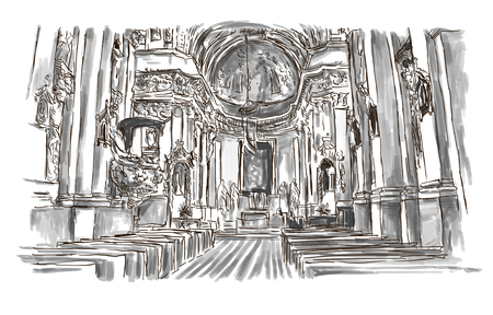 Church interior. An hand drawn illustration. Digital drawing.の写真素材
