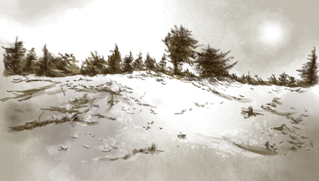 Landscape, countryside. An hand drawn illustration. Digital drawing.の写真素材