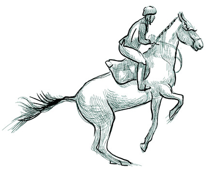 Show Jumping - English riding equestrian. An hand drawn illustration in line art style. Some rider jump on horse over obstacles. Isolated on white.の写真素材