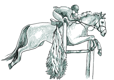 Show Jumping - English riding equestrian. An hand drawn illustration in line art style. Some rider jump on horse over obstacles. Isolated on white.の写真素材