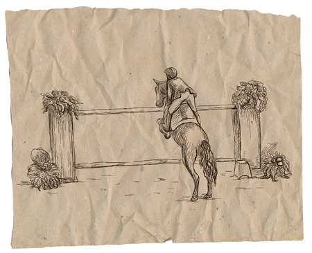 Show Jumping - English riding equestrian. An hand drawn illustration in line art style. Some rider jump on horse over obstacles.の写真素材