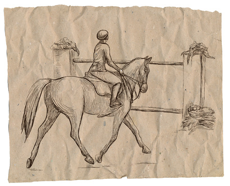 Show Jumping - English riding equestrian. An hand drawn illustration in line art style. Some rider jump on horse over obstacles.の写真素材