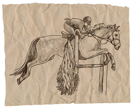 Show Jumping - English riding equestrian. An hand drawn illustration in line art style. Some rider jump on horse over obstacles.の写真素材