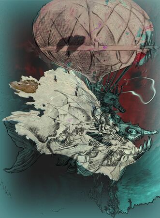 robotic sea horse sitting on an airship in the shape of a dangerous fish - vintage and retro fantasy illustration, mixed media, drawings and 3Dの写真素材