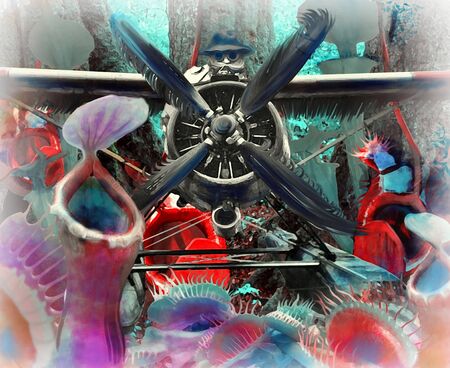 aviator flying upon the carnivorous plants, vintage engraving, sci-fi, retro processing - slightly...