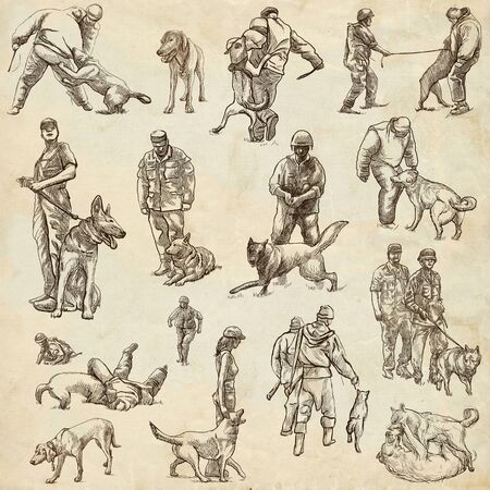 DOGS - Dog Training. Collection of an hand drawn illustrations. Full sized hand drawn illustrations, Originals, drawing on paper background. Freehand sketching, Line art.の写真素材