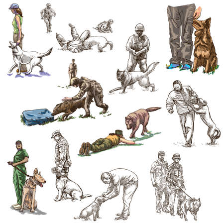 DOGS - Dog Training. Collection of an hand drawn illustrations. Full sized hand drawn illustrations, Originals, drawing on paper background. Freehand sketching, Line art.の写真素材