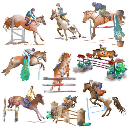HORSES - Show Jumping. Collection of an hand drawn illustrations. Full sized hand drawn illustrations. Freehand sketching, Line art.の写真素材