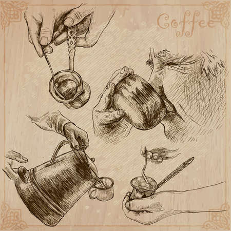 COFFEE. Agriculture. Life of a farmer. Coffee harvesting and processing. Collection of an hand drawing illustrations. Pack of vector illustrations, line art. Set of freehand sketches.のイラスト素材