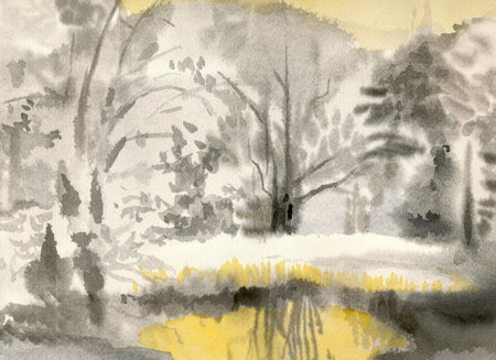 An hand drawn illustration, scanned picture - forest and trees, landscape - watercolor techniqueの写真素材