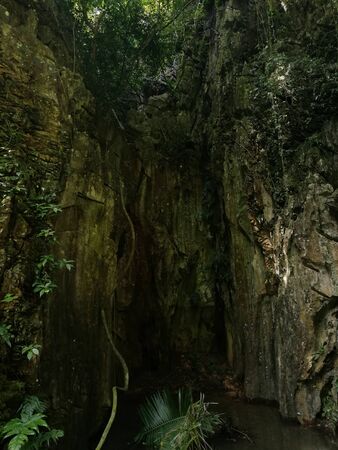 The entrance of the cave floods with waterの写真素材