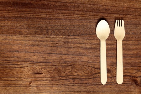 Spoon and fork. Disposable wooden spoon and fork.の写真素材