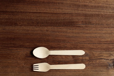 Spoon and fork. Disposable wooden spoon and fork.の写真素材