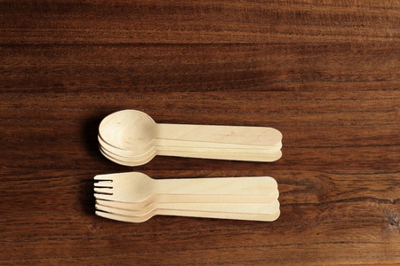 Spoon and fork. Disposable wooden spoon and fork.の写真素材