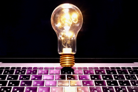 Laptop computer and bulb / business concept