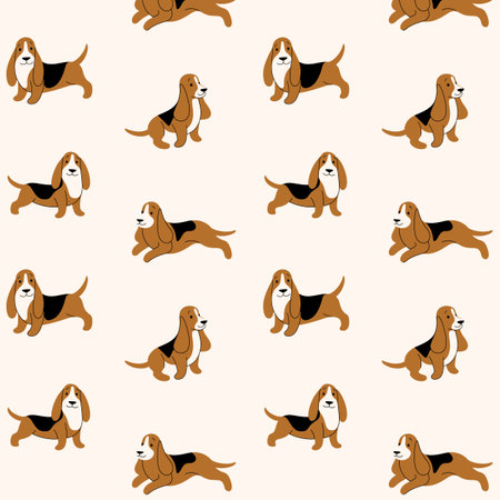 Cartoon happy basset hound - simple trendy pattern with dogs. Flat vector illustration for prints, clothing, packaging and postcards.のイラスト素材