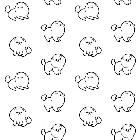 Cartoon happy character - trendy seamless pattern with pomeranian puppy. Flat vector illustration.のイラスト素材