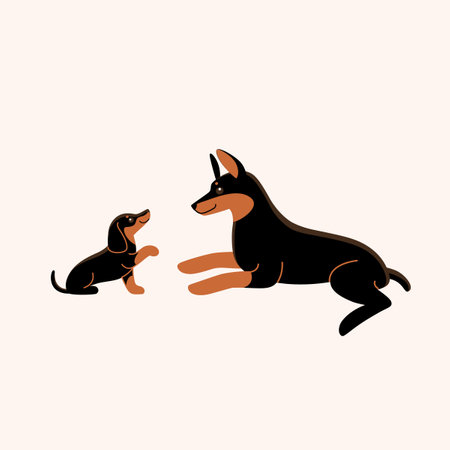 Good animal characters - dachshund and doberman. Cute character for kids. Vector illustration in cartoon style.のイラスト素材