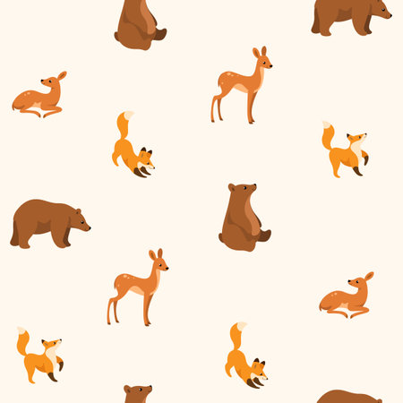Simple seamless trendy animal pattern with fawn, fox, bear. cartoon vector illustration.のイラスト素材