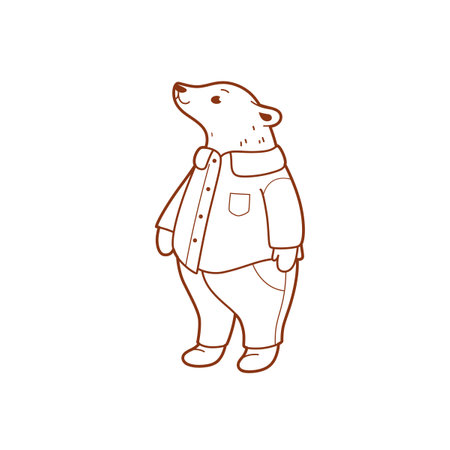 Fairytale animal characters - good bear in shorts and pants. Outline vector illustration with animal for nursery, kids apparel, poster, postcard.のイラスト素材