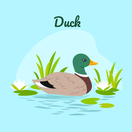 Cartoon duck in lake, cute character for children. Vector illustration in cartoon style for prints, clothing and postcards.のイラスト素材