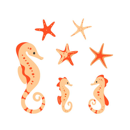Design elements collection of sea creature. Starfish and sea horse. Simple flat vector illustration.のイラスト素材