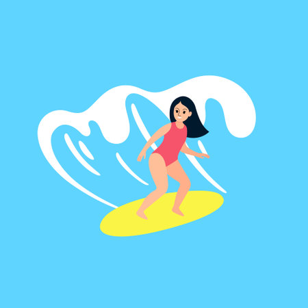 girl surfer character. Surfer and ocean waves. vector illustration.のイラスト素材