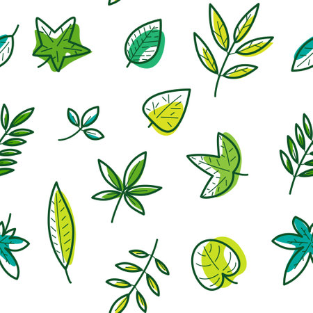 Simple seamless foliage pattern. Flat design print with different leaves. Vector illustration on white background.のイラスト素材
