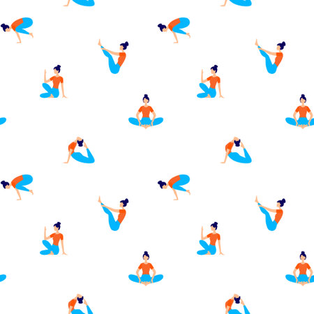 Yoga girl - seamless trendy pattern with people in various poses. Flat vector illustration for prints, clothing, packaging and postcards.のイラスト素材