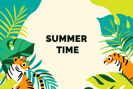 Horizontal tropical banner with tiger and tropical leaves. Vector background with text space. Summer sale, media promotional content.のイラスト素材