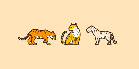 Tiger icon set. Different type of wild cat. Vector illustration for prints, clothing, packaging, stickers.のイラスト素材