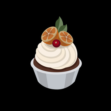 Cake, cupcake with small pieces of oranges on the sides, red currant in the middle, custard beige...