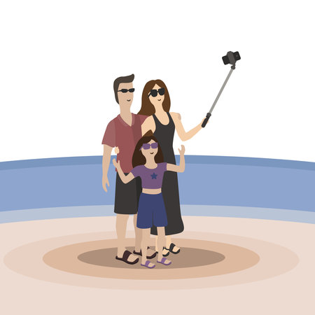 Mom, dad and daughter in sunglasses on the beach against the background of the sea or lake are photographed with a selfie stickのイラスト素材