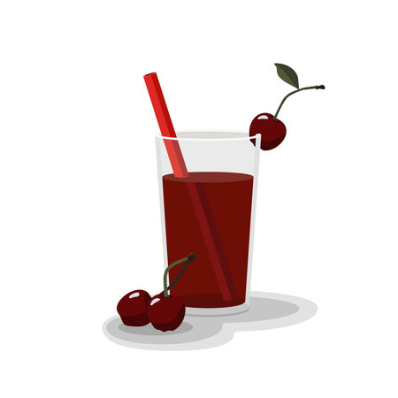 Transparent glass of cherry juice with a berry and a red tube, a cherry next to a white background in the center with shadowsのイラスト素材